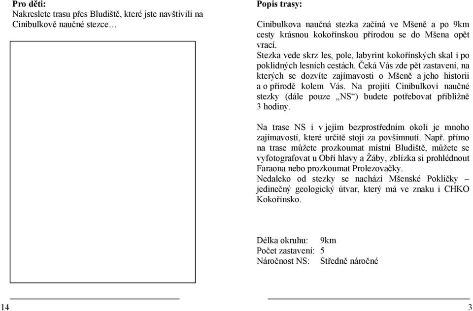 Čeká Vás zde pět zastavení, na kterých se dozvíte zajímavosti o Mšeně a jeho historii a o přírodě kolem Vás. Na projití Cinibulkovi naučné stezky (dále pouze NS ) budete potřebovat přibližně 3 hodiny.