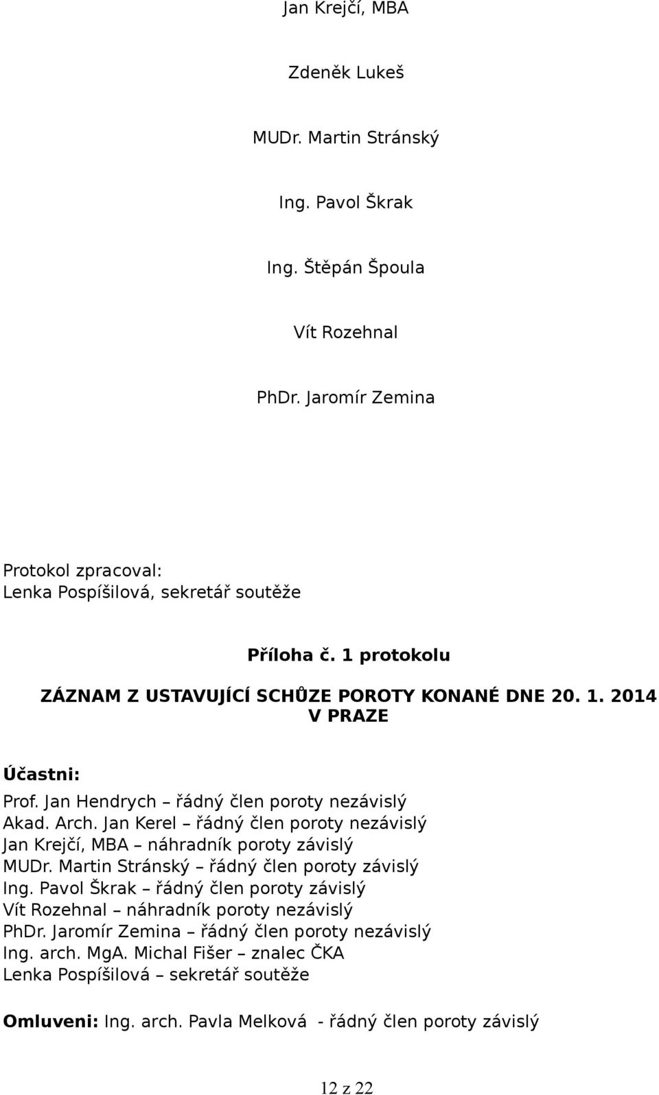 Jan Hendrych řádný člen poroty nezávislý Akad. Arch. Jan Kerel řádný člen poroty nezávislý Jan Krejčí, MBA náhradník poroty závislý MUDr. Martin Stránský řádný člen poroty závislý Ing.