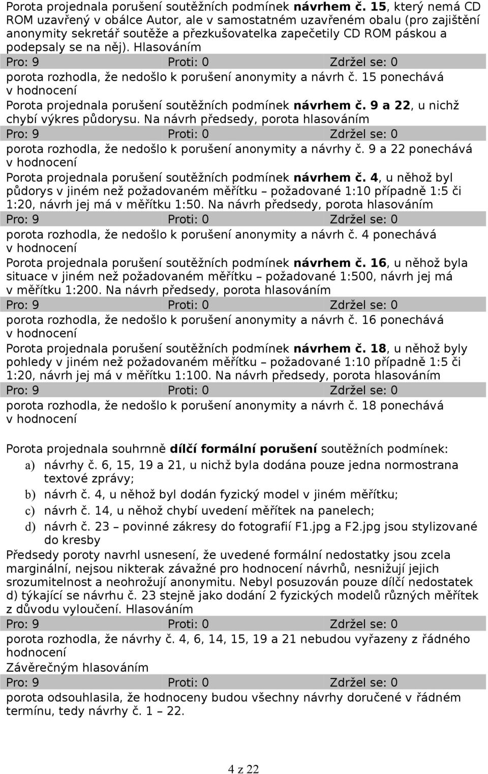 Hlasováním porota rozhodla, že nedošlo k porušení anonymity a návrh č. 15 ponechává v hodnocení  9 a 22, u nichž chybí výkres půdorysu.