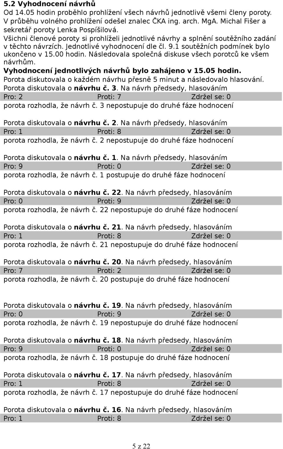 1 soutěžních podmínek bylo ukončeno v 15.00 hodin. Následovala společná diskuse všech porotců ke všem návrhům. Vyhodnocení jednotlivých návrhů bylo zahájeno v 15.05 hodin.