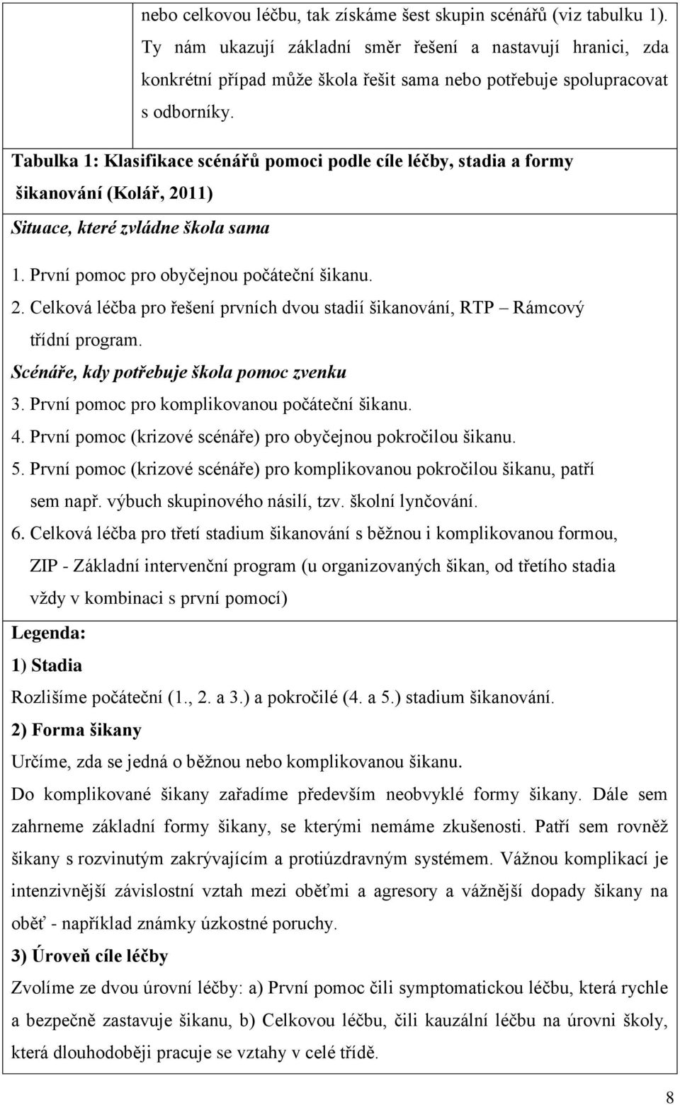 Tabulka 1: Klasifikace scénářů pomoci podle cíle léčby, stadia a formy šikanování (Kolář, 2011) Situace, které zvládne škola sama 1. První pomoc pro obyčejnou počáteční šikanu. 2. Celková léčba pro řešení prvních dvou stadií šikanování, RTP Rámcový třídní program.