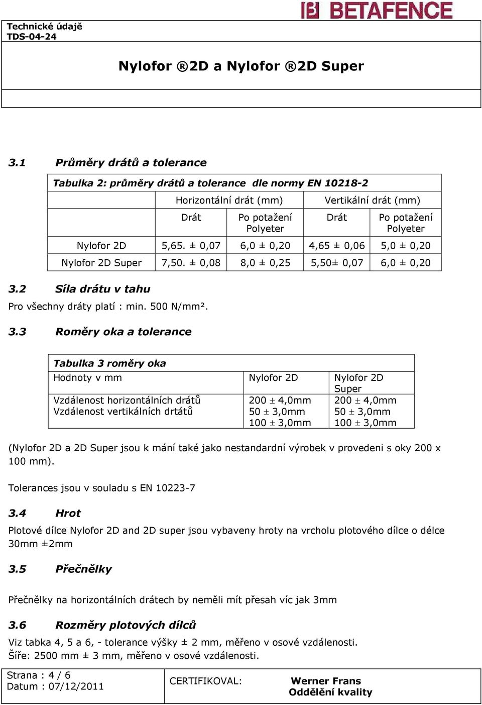 2 Síla drátu v tahu Pro všechny dráty platí : min. 500 N/mm². 3.