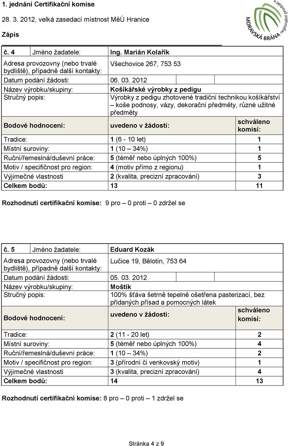 Ruční/řemeslná/duševní práce: 5 (téměř nebo úplných 100%) 5 4 (motiv přímo z regionu) 1 Výjimečné vlastnosti 2 (kvalita, precizní zpracování) 3 Celkem bodů: 13 11 č.