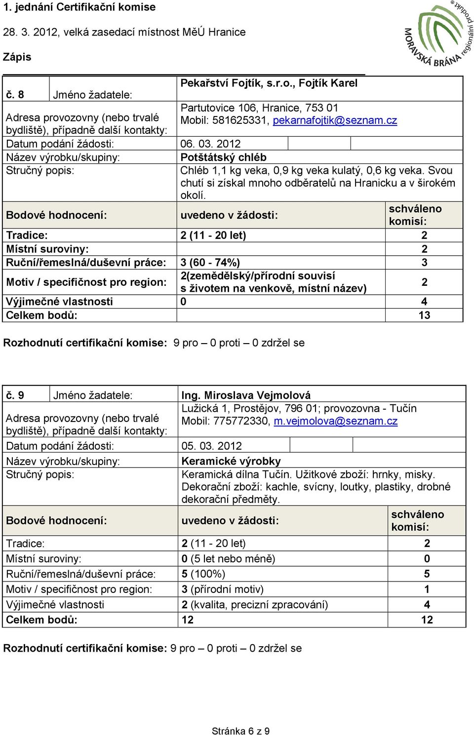 Místní suroviny: 2 Ruční/řemeslná/duševní práce: 3 (60-74%) 3 2(zemědělský/přírodní souvisí s životem na venkově, místní název) 2 Výjimečné vlastnosti 0 4 Celkem bodů: 13 č. 9 Jméno žadatele: Ing.