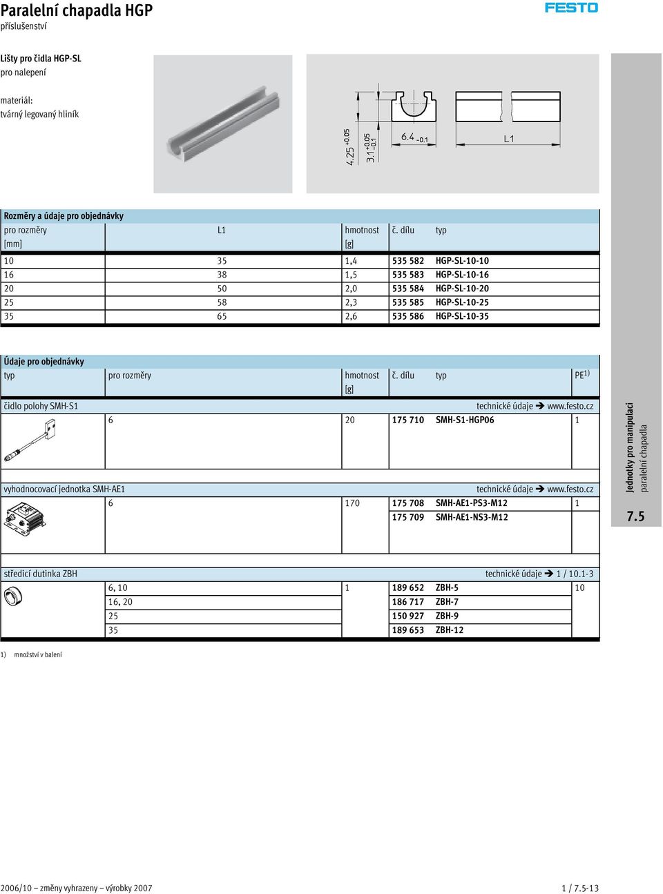 pro objednávky typ pro rozměry hmotnost č. dílu typ PE 1) [g] čidlo polohy SMH-S1 www.festo.cz 6 20 175 710 SMH-S1-HGP06 1 vyhodnocovací jednotka SMH-AE1 www.festo.cz 6 170 175 708 SMH-AE1-PS3-M12 1 175 709 SMH-AE1-NS3-M12 středicí dutinka ZBH 1 / 10.