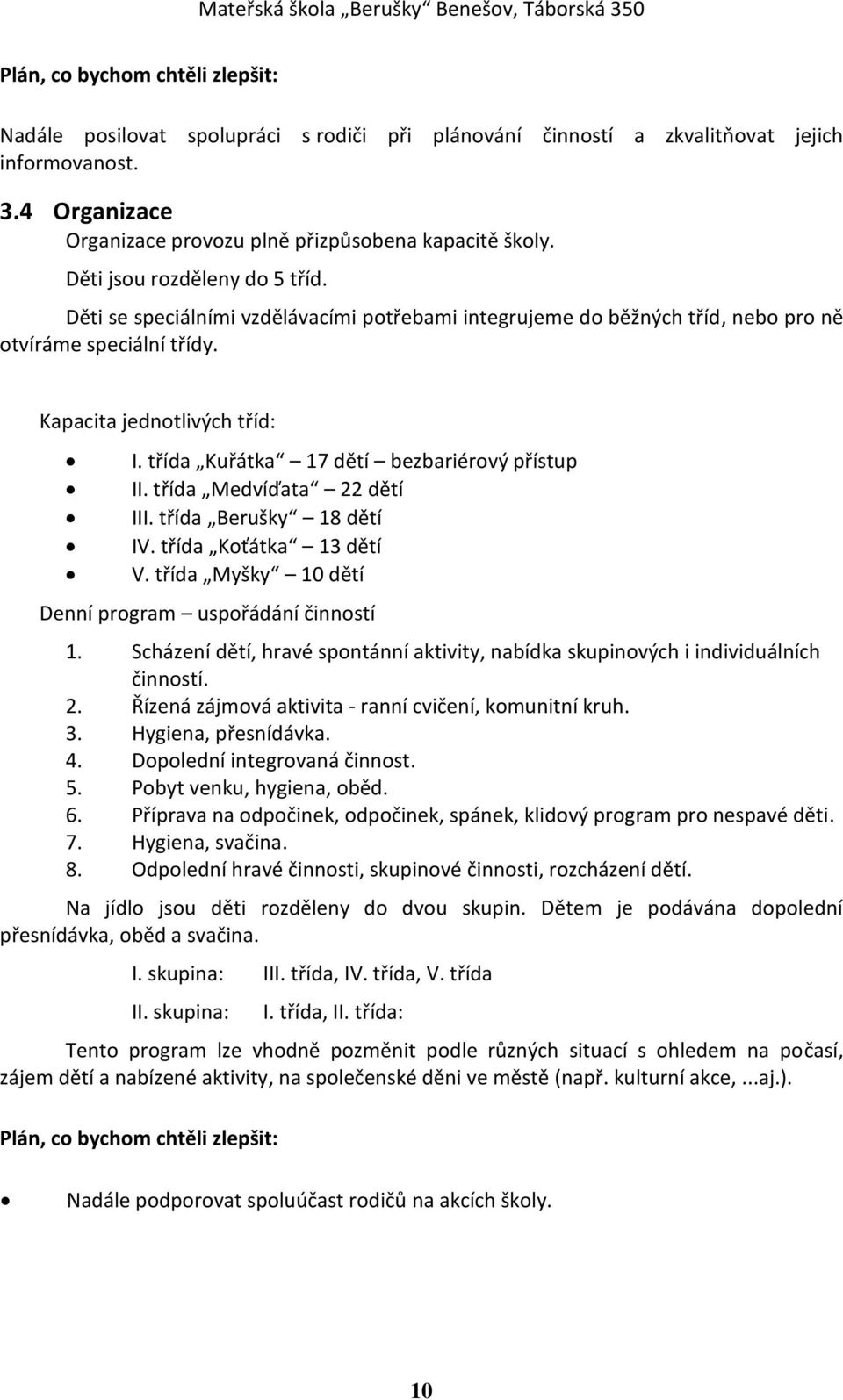 třída Kuřátka 17 dětí bezbariérový přístup II. třída Medvíďata 22 dětí III. třída Berušky 18 dětí IV. třída Koťátka 13 dětí V. třída Myšky 10 dětí Denní program uspořádání činností 1.