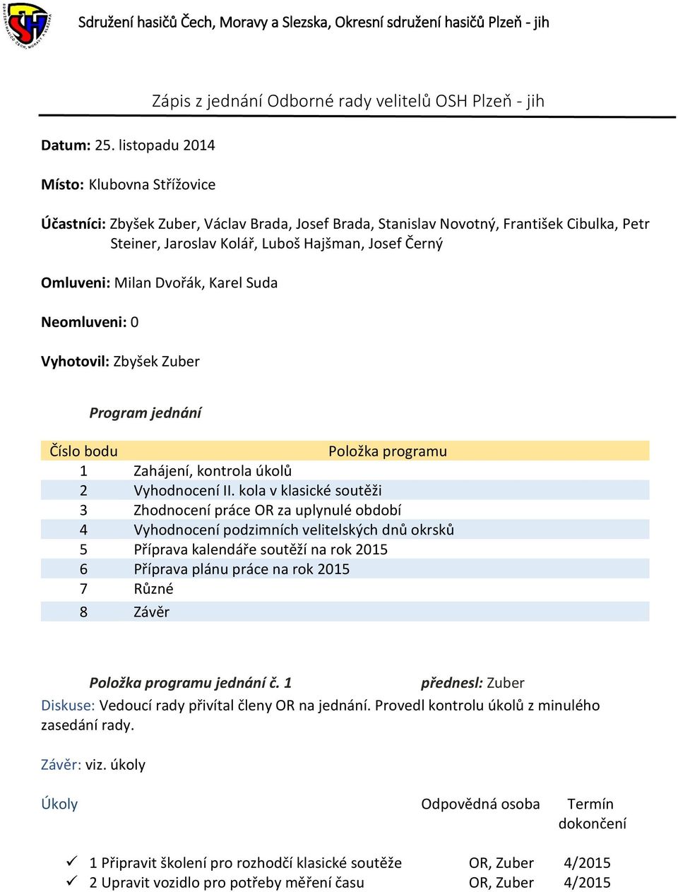 Jaroslav Kolář, Luboš Hajšman, Josef Černý Omluveni: Milan Dvořák, Karel Suda Neomluveni: 0 Vyhotovil: Zbyšek Zuber Program jednání Číslo bodu Položka programu 1 Zahájení, kontrola úkolů 2