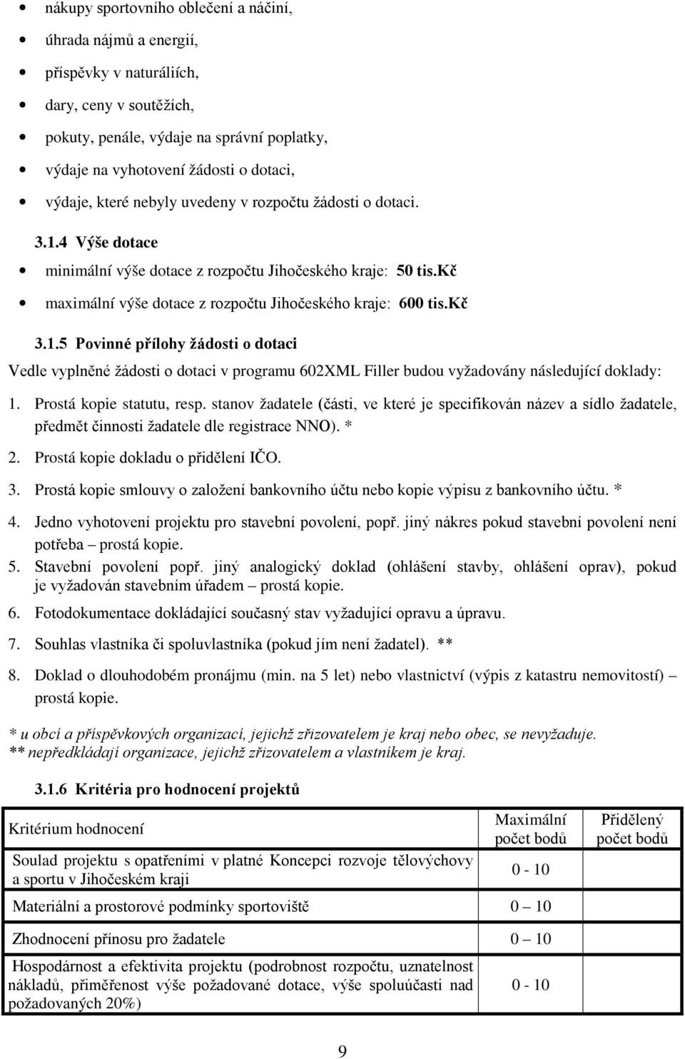 kč 3.1.5 Povinné přílohy žádosti o dotaci Vedle vyplněné žádosti o dotaci v programu 602XML Filler budou vyžadovány následující doklady: 1. Prostá kopie statutu, resp.