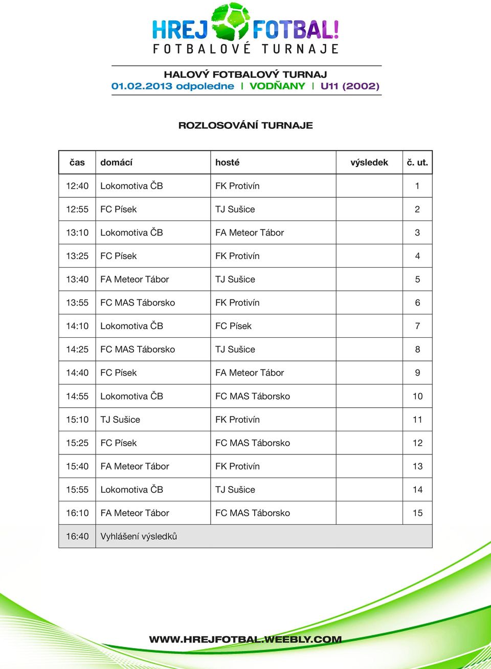 Tábor TJ Sušice 5 13:55 FC MAS Táborsko FK Protivín 6 14:10 Lokomotiva ČB FC Písek 7 14:25 FC MAS Táborsko TJ Sušice 8 14:40 FC Písek FA Meteor