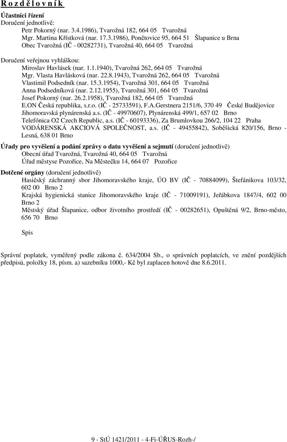 1986), Ponětovice 95, 664 51 Šlapanice u Brna Obec Tvarožná (IČ - 00282731), Tvarožná 40, 664 05 Tvarožná Doručení veřejnou vyhláškou: Miroslav Havlásek (nar. 1.1.1940), Tvarožná 262, 664 05 Tvarožná Mgr.