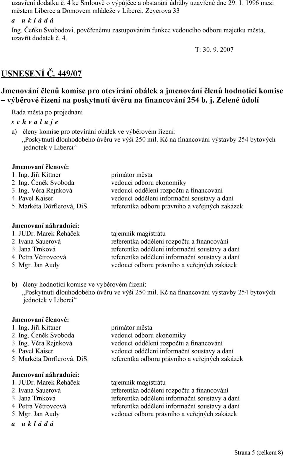 449/07 Jmenování členů komise pro otevírání obálek a jmenování členů hodnotící komise výběrové řízení na poskytnutí úvěru na financování 254 b. j. Zelené údolí a) členy komise pro otevírání obálek ve výběrovém řízení: Poskytnutí dlouhodobého úvěru ve výši 250 mil.