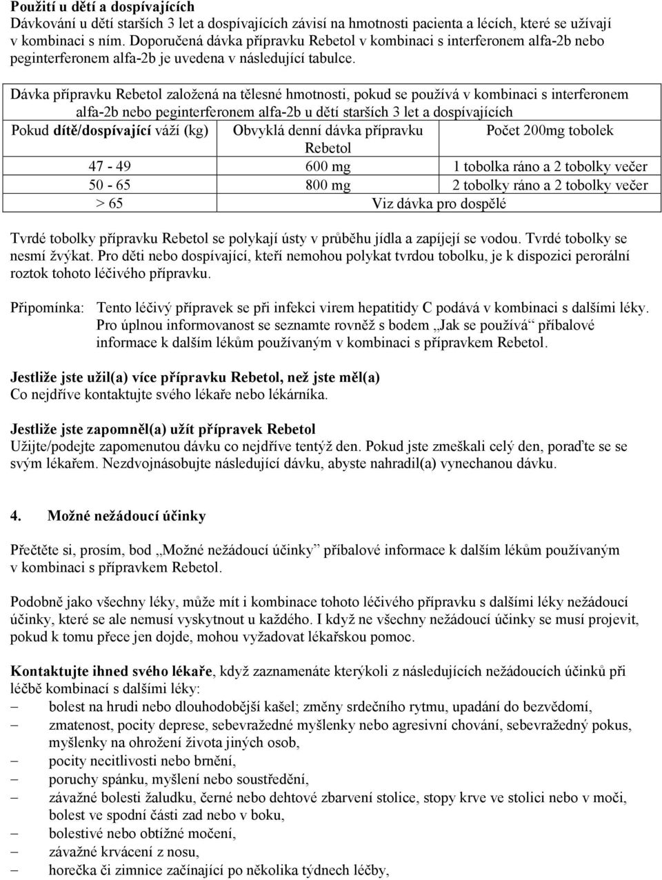 Dávka přípravku Rebetol založená na tělesné hmotnosti, pokud se používá v kombinaci s interferonem alfa-2b nebo peginterferonem alfa-2b u dětí starších 3 let a dospívajících Pokud dítě/dospívající