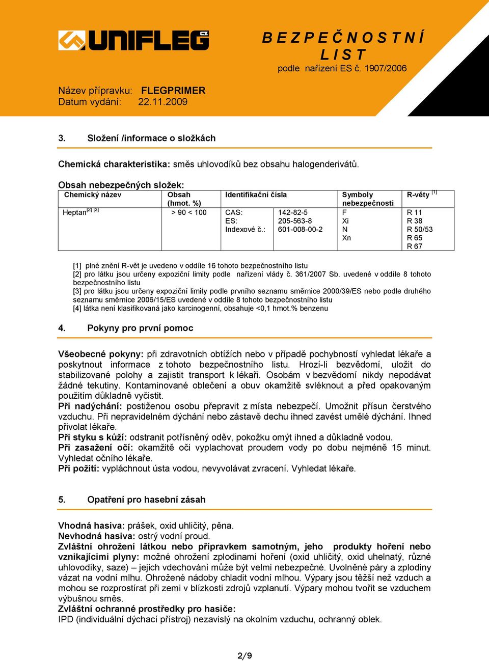 : 601-008-00-2 Symboly nebezpečnosti F Xi N Xn R-věty [1] R 11 R 38 R 50/53 R 65 R 67 [1] plné znění R-vět je uvedeno v oddíle 16 tohoto bezpečnostního listu [2] pro látku jsou určeny expoziční