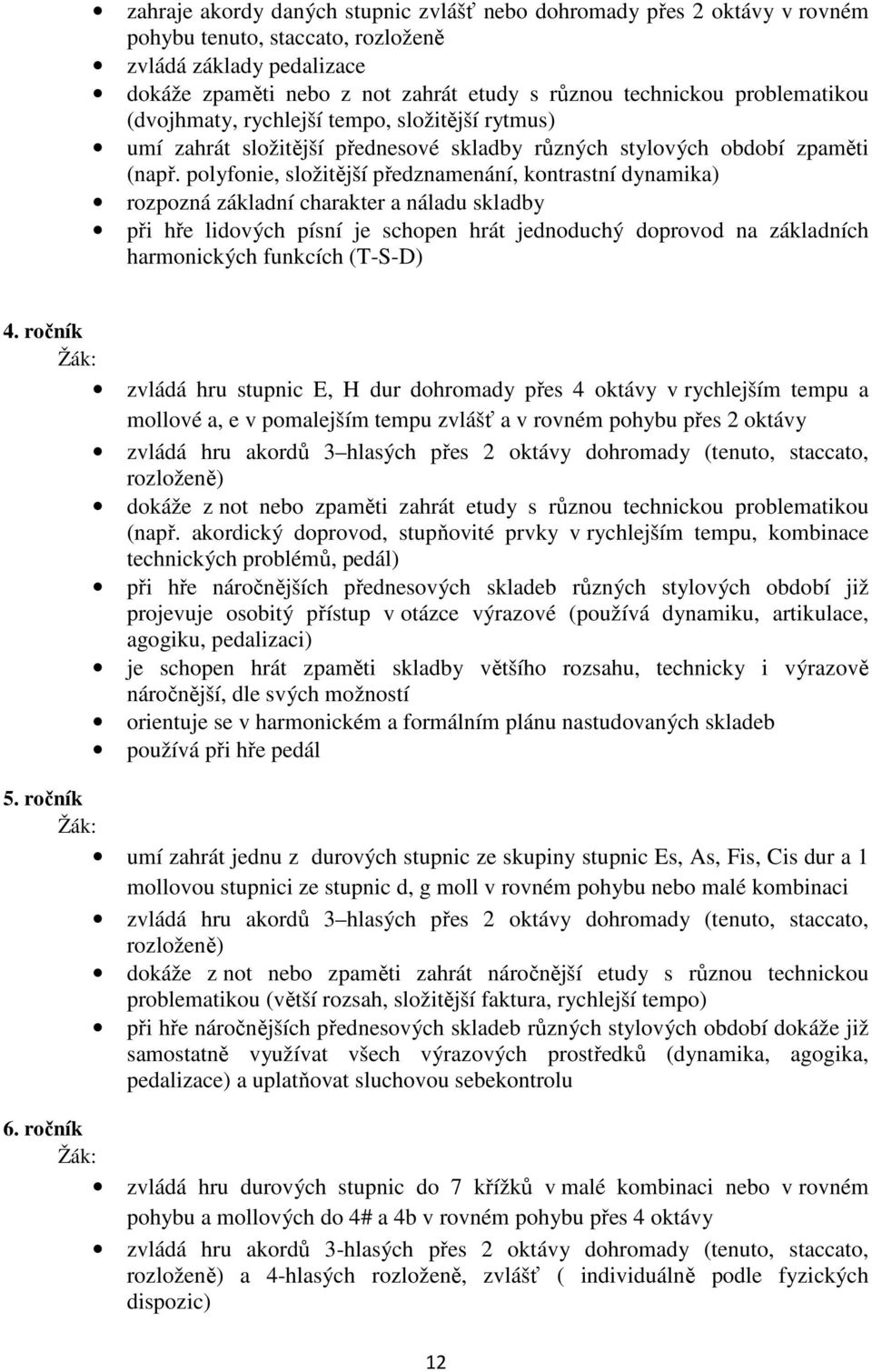 polyfonie, složitější předznamenání, kontrastní dynamika) rozpozná základní charakter a náladu skladby při hře lidových písní je schopen hrát jednoduchý doprovod na základních harmonických funkcích