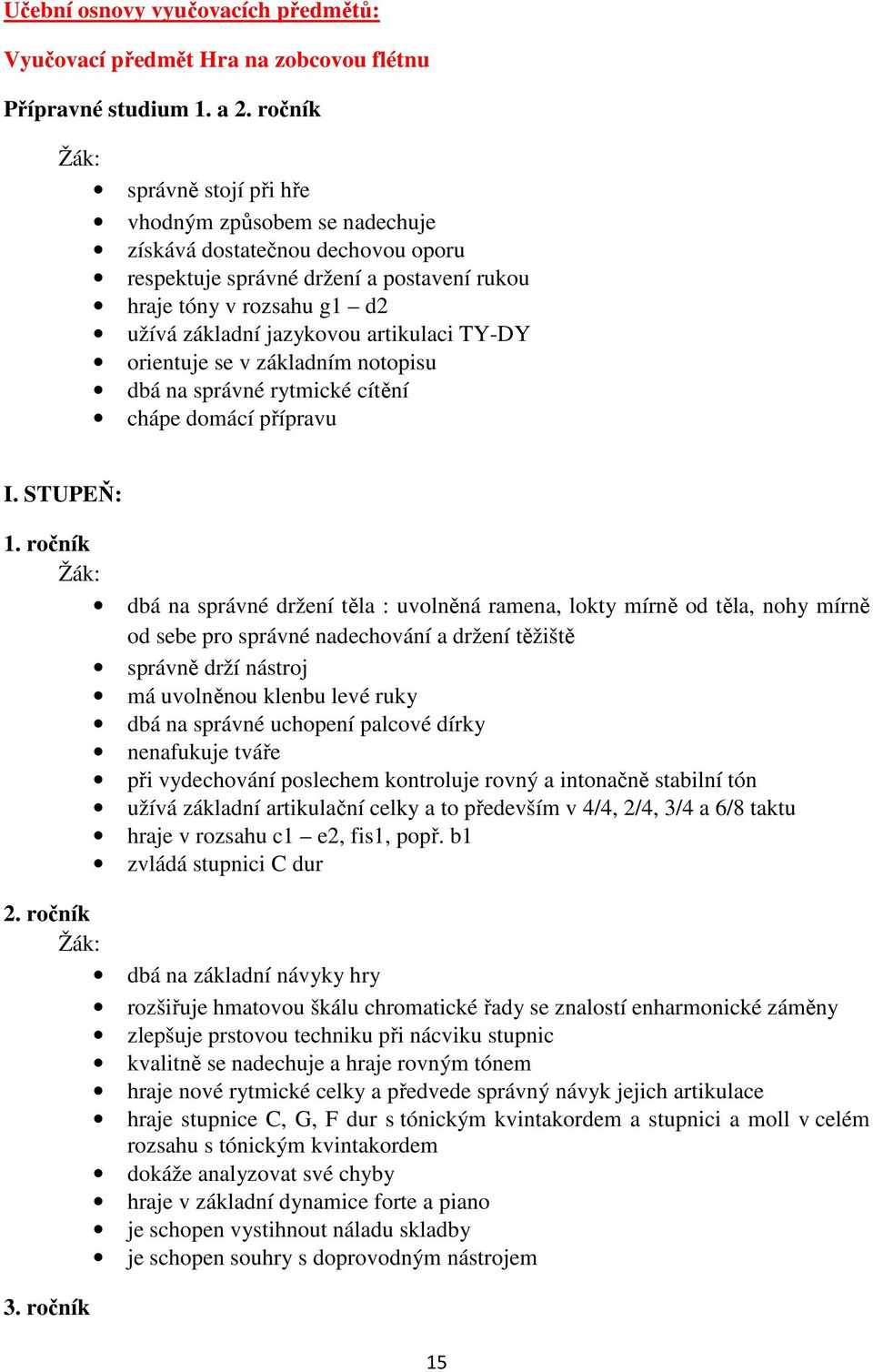 artikulaci TY-DY orientuje se v základním notopisu dbá na správné rytmické cítění chápe domácí přípravu I. STUPEŇ: 1.