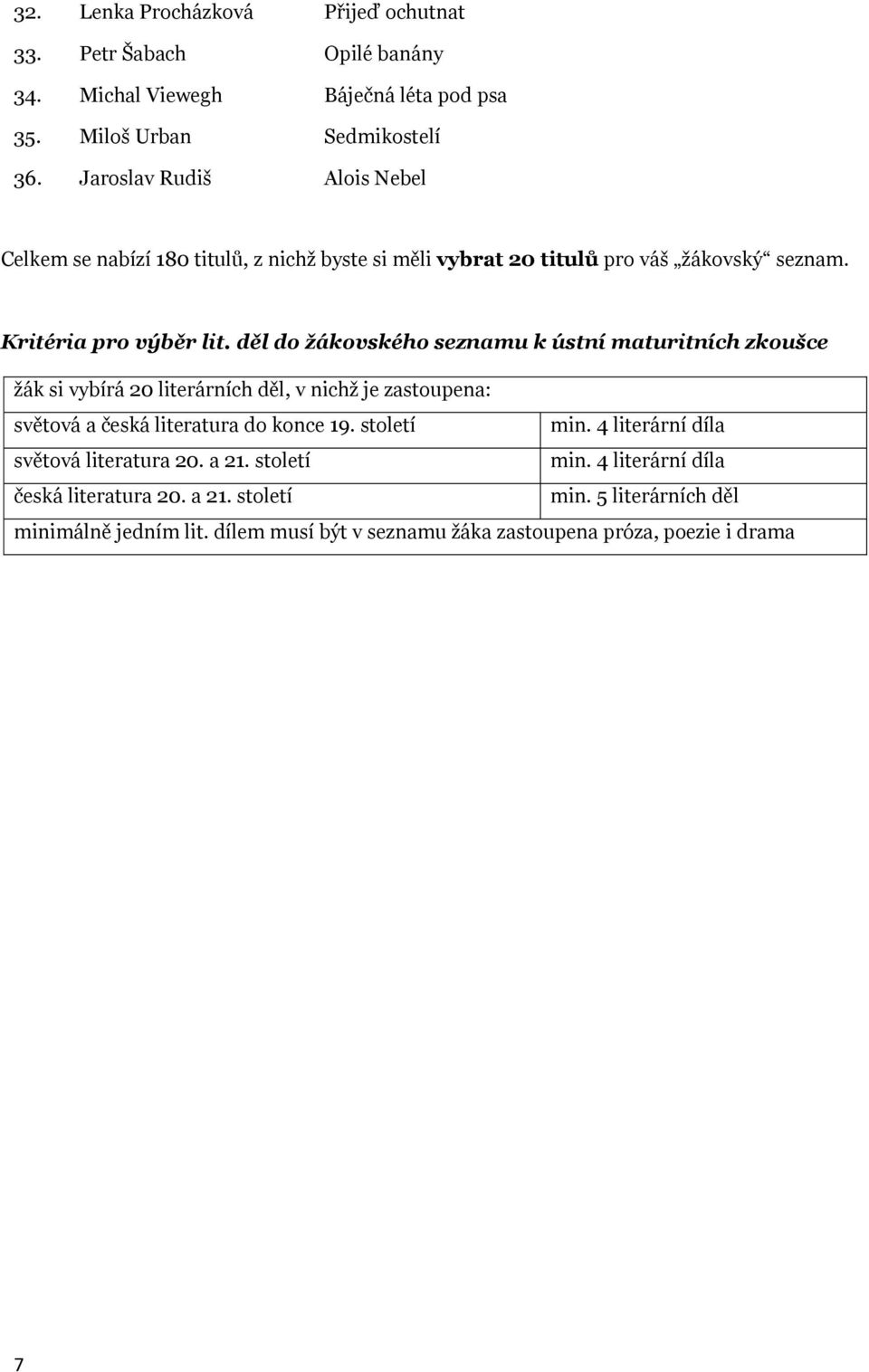 děl do žákovského seznamu k ústní maturitních zkoušce žák si vybírá 20 literárních děl, v nichž je zastoupena: světová a česká literatura do konce 19. století min.