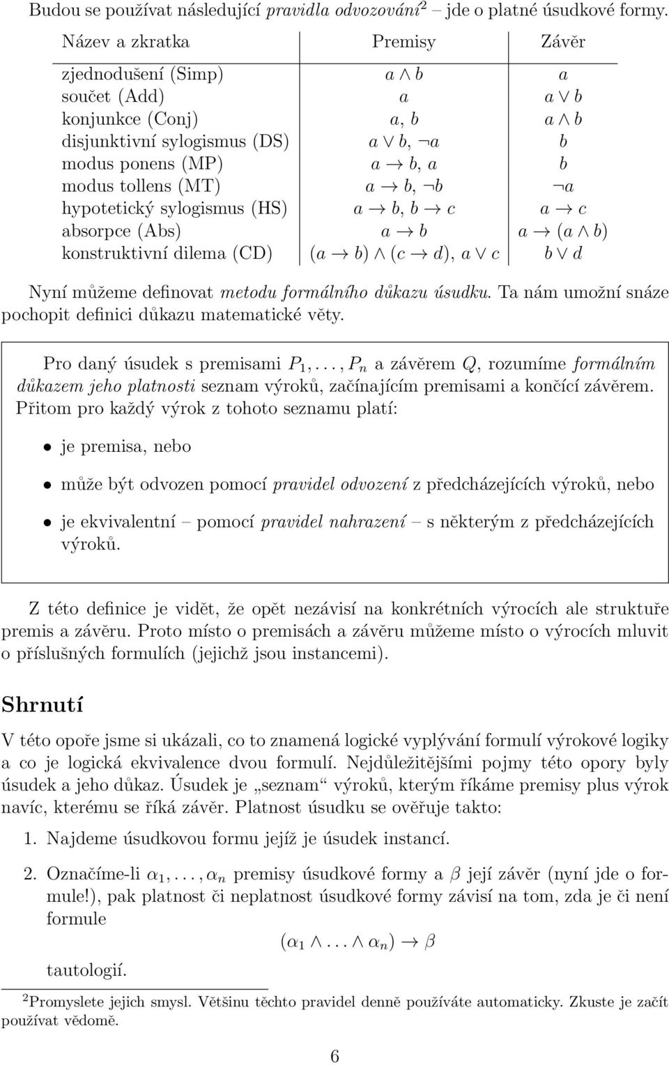 hypotetický sylogismus (HS) a b, b c a c absorpce (Abs) a b a (a b) konstruktivní dilema (CD) (a b) (c d), a c b d Nyní můžeme definovat metodu formálního důkazu úsudku.