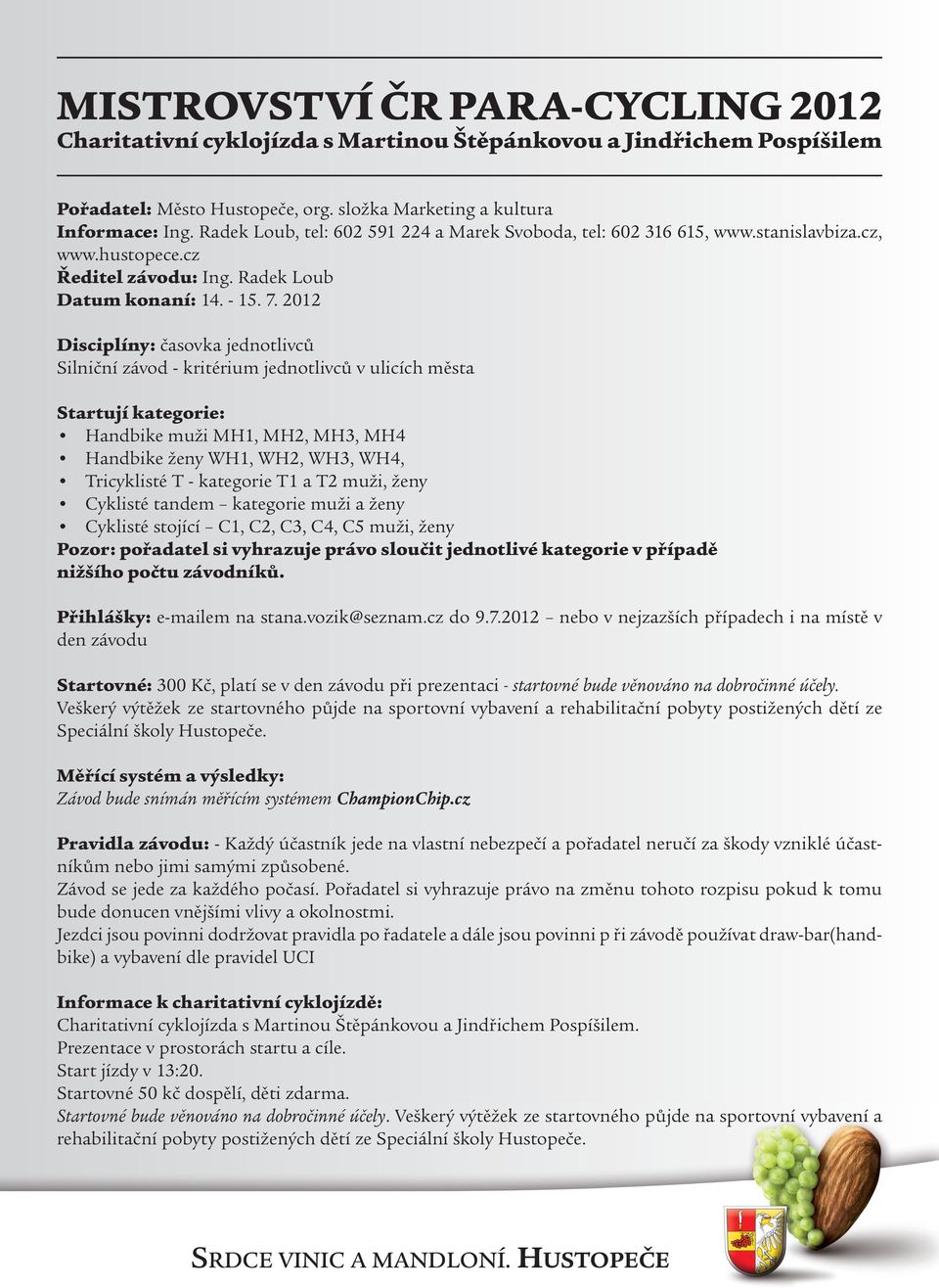 2012 Disciplíny: časovka jednotlivců Silniční závod - kritérium jednotlivců v ulicích města Handbike muži MH1, MH2, MH3, MH4 Handbike ženy WH1, WH2, WH3, WH4, Tricyklisté T - kategorie T1 a T2 muži,