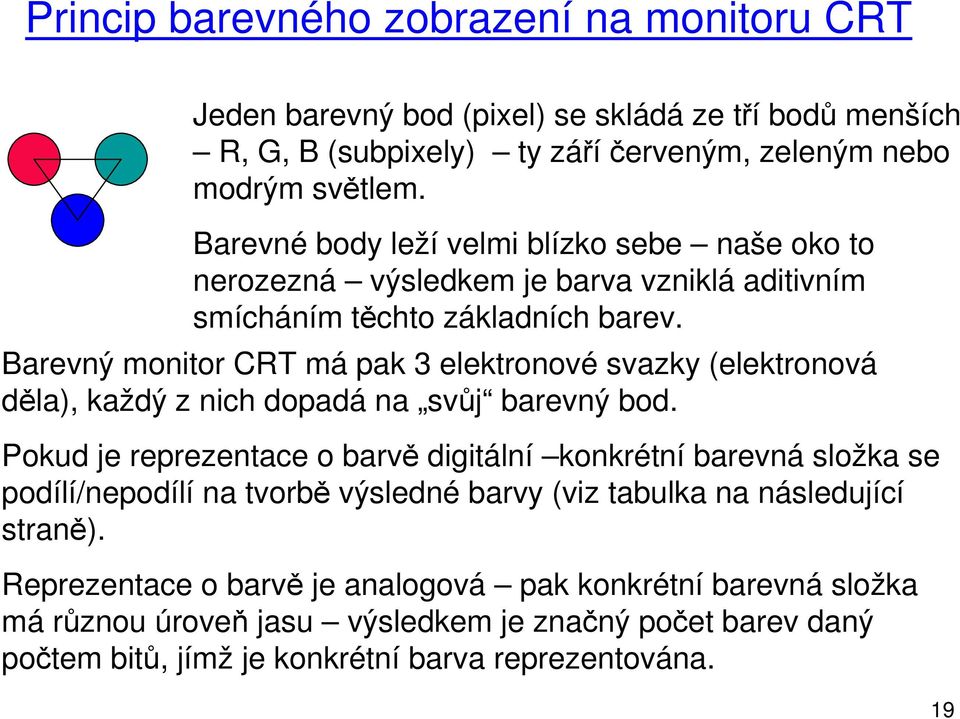 Barevný monitor CRT má pak 3 elektronové svazky (elektronová děla), každý z nich dopadá na svůj barevný bod.