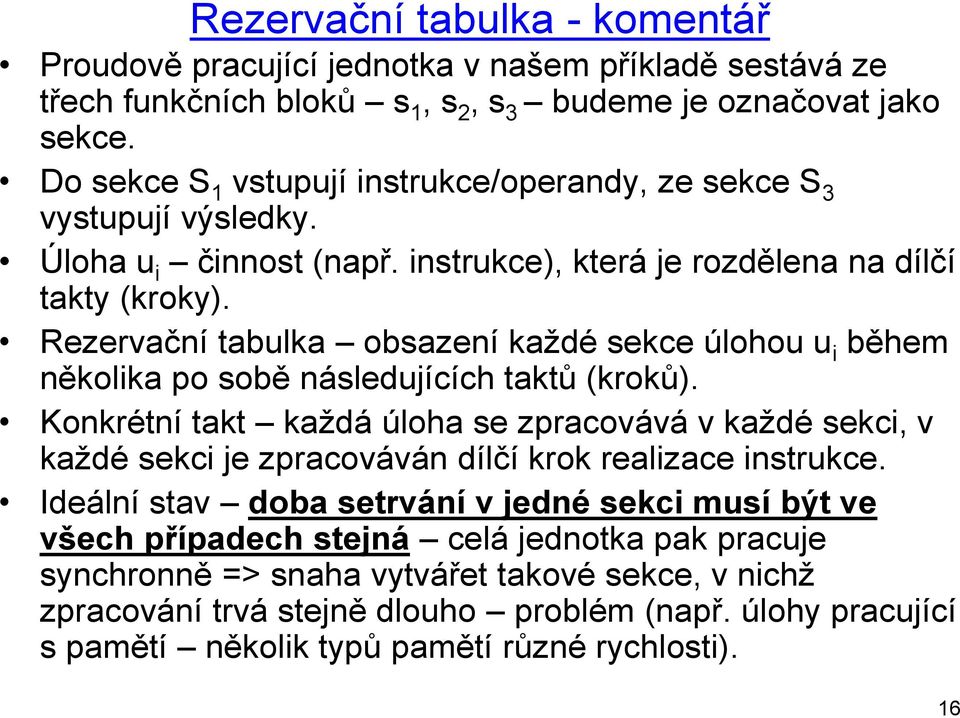 Rezervační tabulka obsazení každé sekce úlohou u i během několika po sobě následujících taktů (kroků).