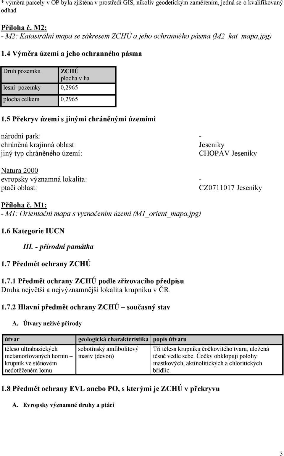 4 Výměra území a jeho ochranného pásma Druh pozemku ZCHÚ plocha v ha lesní pozemky 0,2965 plocha celkem 0,2965 1.