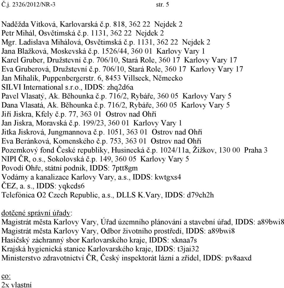 6, 8453 Villseck, Německo SILVI International s.r.o., IDDS: zhq2d6a Pavel Vlasatý, Ak. Běhounka č.p. 716/2, Rybáře, 360 05 Karlovy Vary 5 Dana Vlasatá, Ak. Běhounka č.p. 716/2, Rybáře, 360 05 Karlovy Vary 5 Jiří Jiskra, Kfely č.