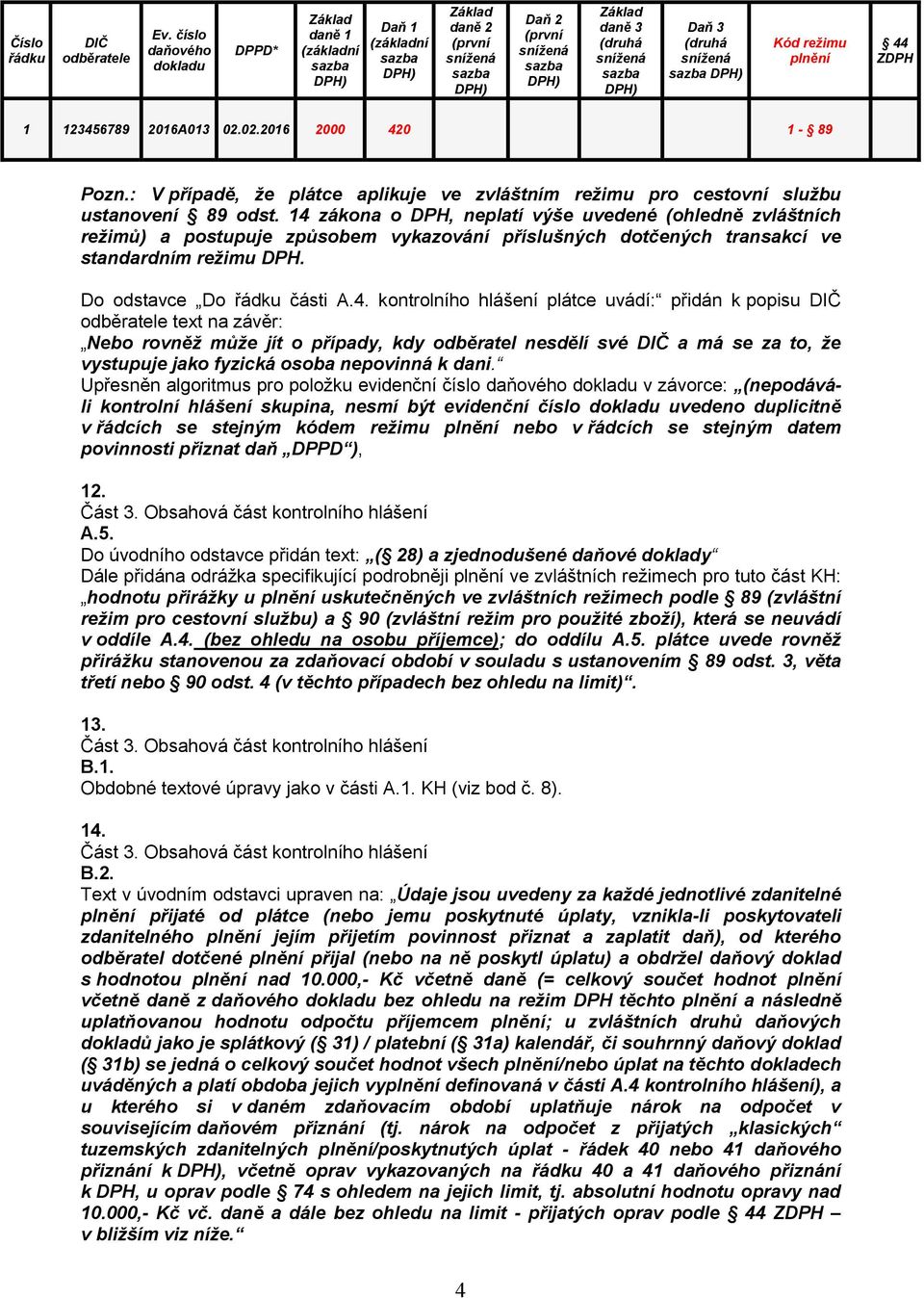 14 zákona o DPH, neplatí výše uvedené (ohledně zvláštních režimů) a postupuje způsobem vykazování příslušných dotčených transakcí ve standardním režimu DPH. Do odstavce Do řádku části A.4.