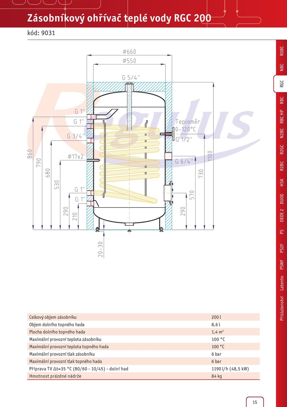 100 C 6 bar Maximální provozní tlak topného hada 6 bar Příprava TV t=35 C (80/60-10/45) - dolní had 1190