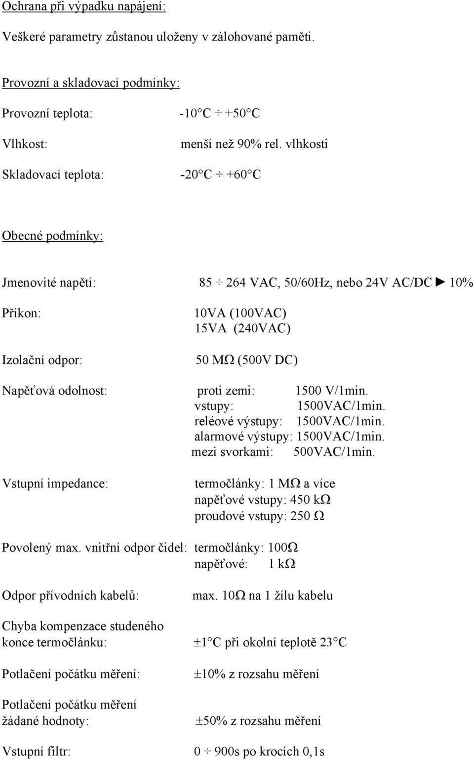 V/1min. vstupy: 1500VAC/1min. reléové výstupy: 1500VAC/1min. alarmové výstupy: 1500VAC/1min. mezi svorkami: 500VAC/1min.