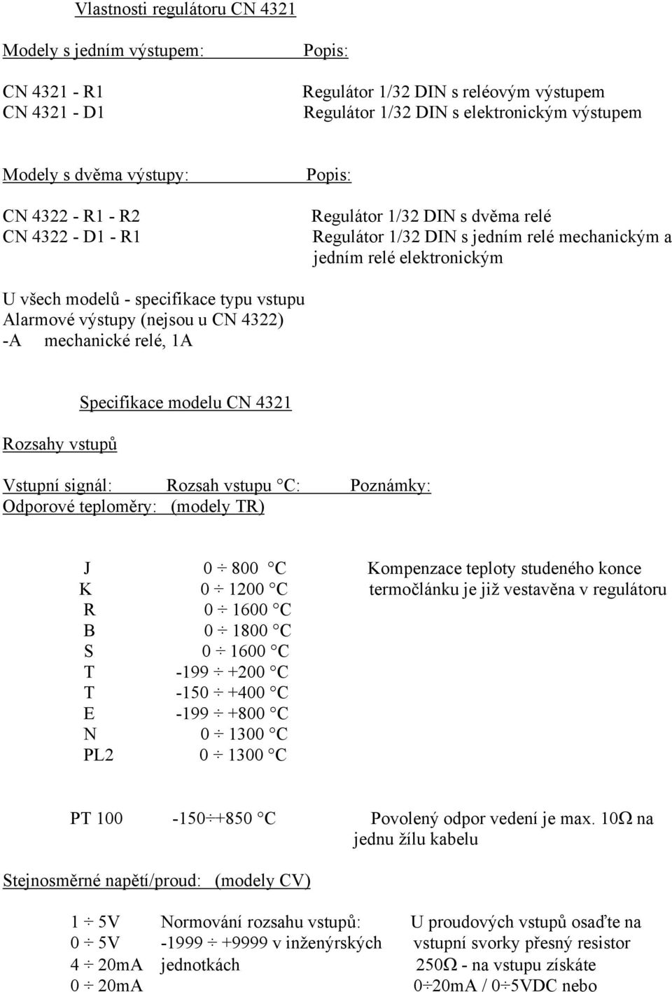 výstupy (nejsou u CN 4322) -A mechanické relé, 1A Rozsahy vstupů Specifikace modelu CN 4321 Vstupní signál: Rozsah vstupu C: Poznámky: Odporové teploměry: (modely TR) J 0 800 C Kompenzace teploty