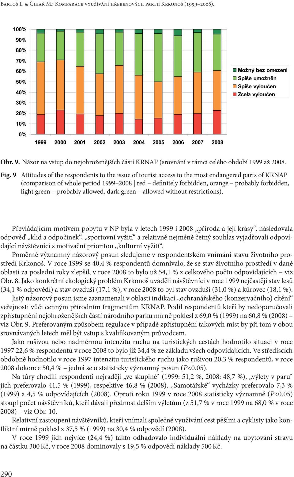 Fig. 9 Attitudes of the respondents to the issue of tourist access to the most endangered parts of KRNAP (comparison of whole period 1999 2008 red definitely forbidden, orange probably forbidden,