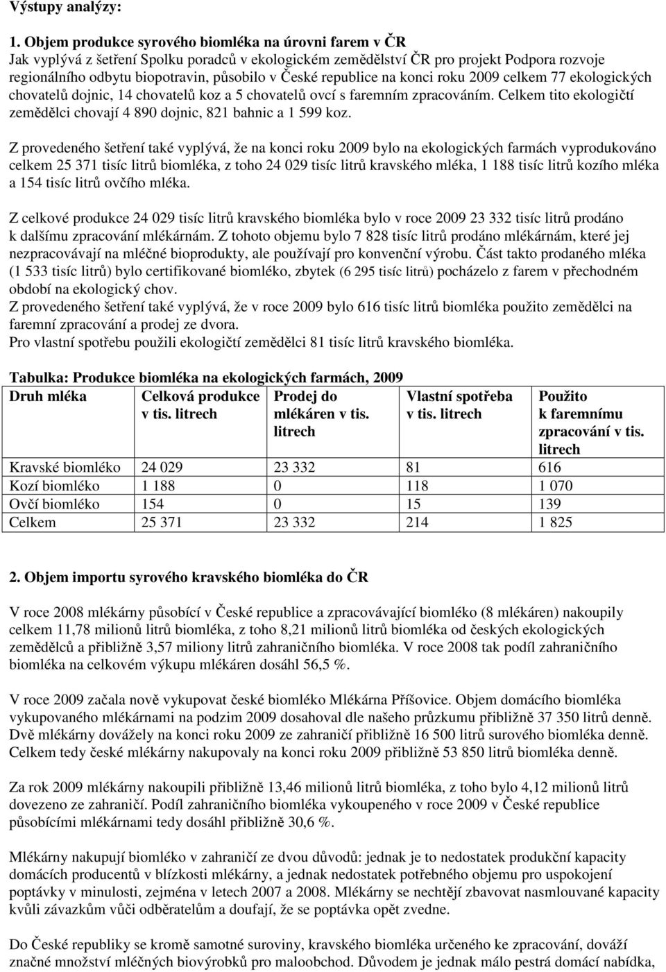 republice na konci roku 2009 celkem 77 ekologických chovatelů dojnic, 14 chovatelů koz a 5 chovatelů ovcí s faremním zpracováním.