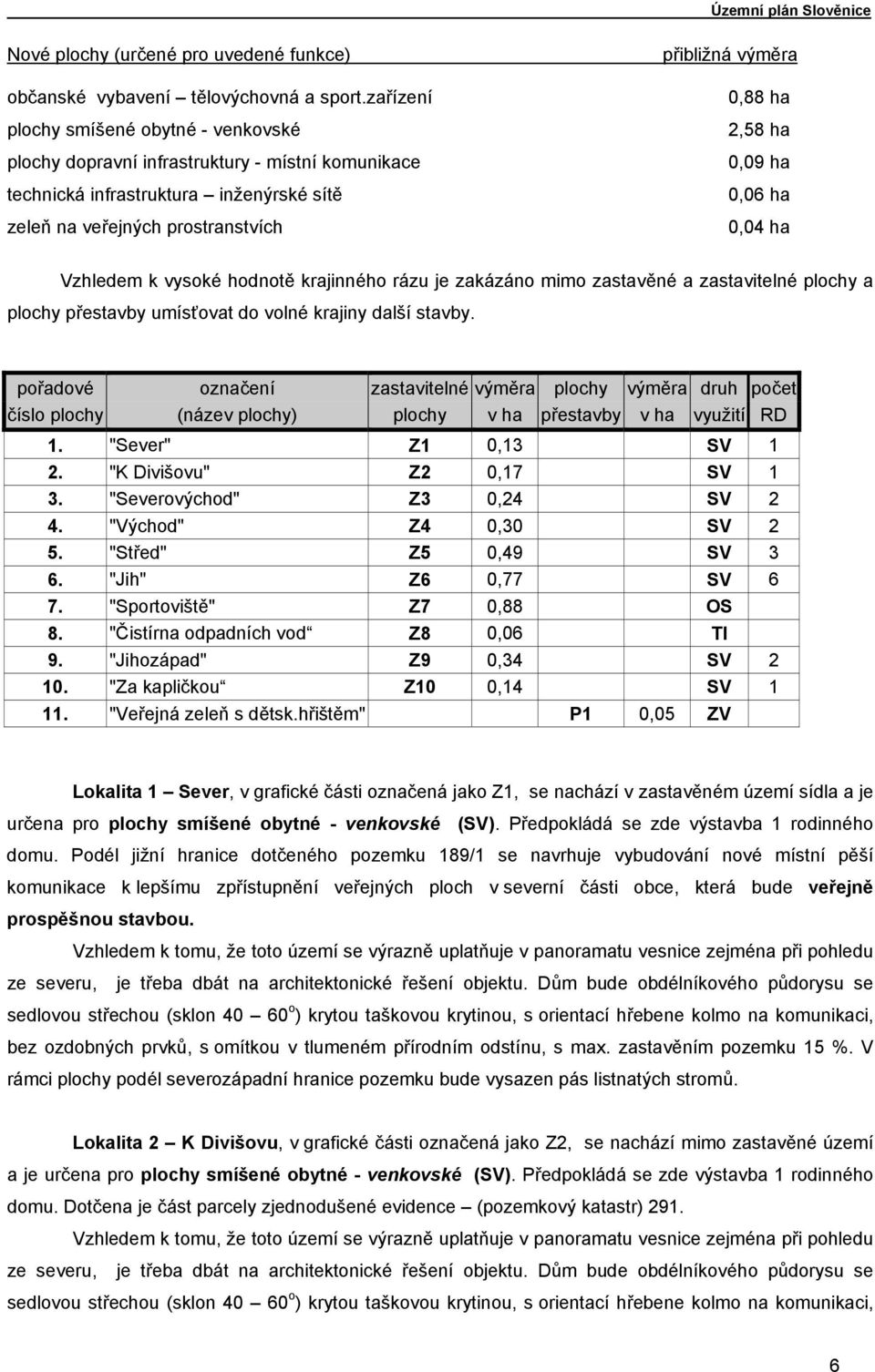 ha 0,09 ha 0,06 ha 0,04 ha Vzhledem k vysoké hodnotě krajinného rázu je zakázáno mimo zastavěné a zastavitelné plochy a plochy přestavby umísťovat do volné krajiny další stavby.