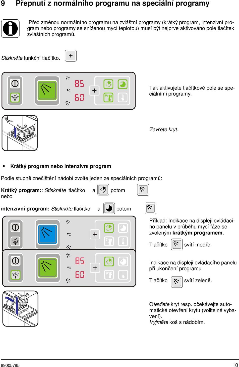 Krátký program nebo intenzívní program Podle stupně znečištění nádobí zvolte jeden ze speciálních programů: Krátký program:: Stiskněte tlačítko a potom nebo intenzivní program: Stiskněte tlačítko a