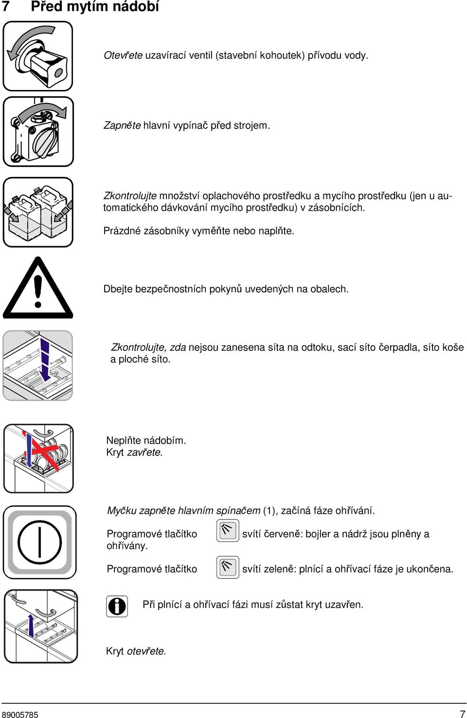 Dbejte bezpečnostních pokynů uvedených na obalech. Zkontrolujte, zda nejsou zanesena síta na odtoku, sací síto čerpadla, síto koše a ploché síto. Neplňte nádobím. Kryt zavřete.