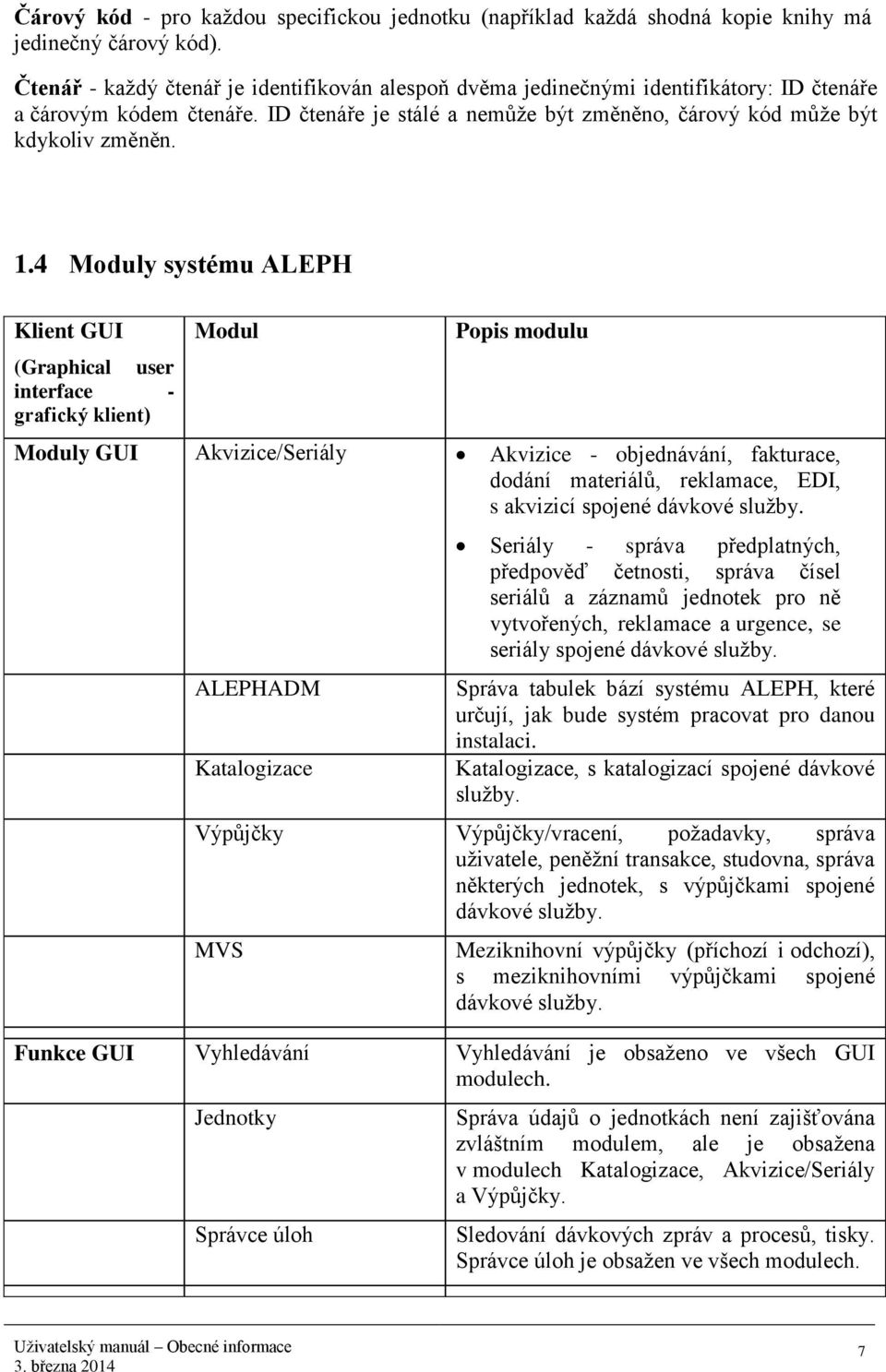 4 Moduly systému ALEPH Klient GUI (Graphical user interface - grafický klient) Modul Popis modulu Moduly GUI Akvizice/Seriály Akvizice - objednávání, fakturace, dodání materiálů, reklamace, EDI, s