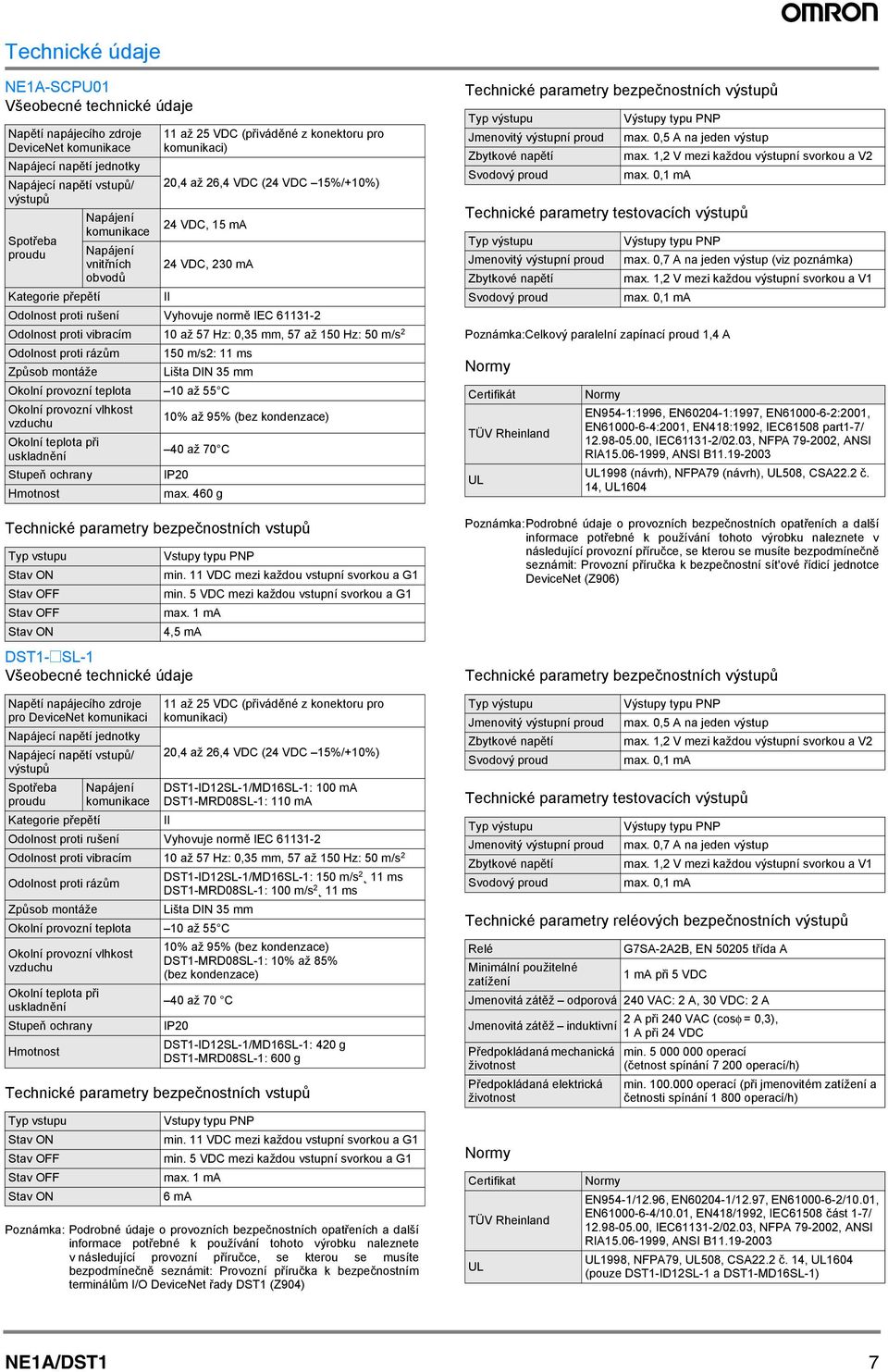 VDC, 230 ma Technické parametry bezpečnostních vstupů II Odolnost proti rušení Vyhovuje normě IEC 61131-2 Odolnost proti vibracím 10 až 57 Hz: 0,35 mm, 57 až 150 Hz: 50 m/s 2 Odolnost proti rázům