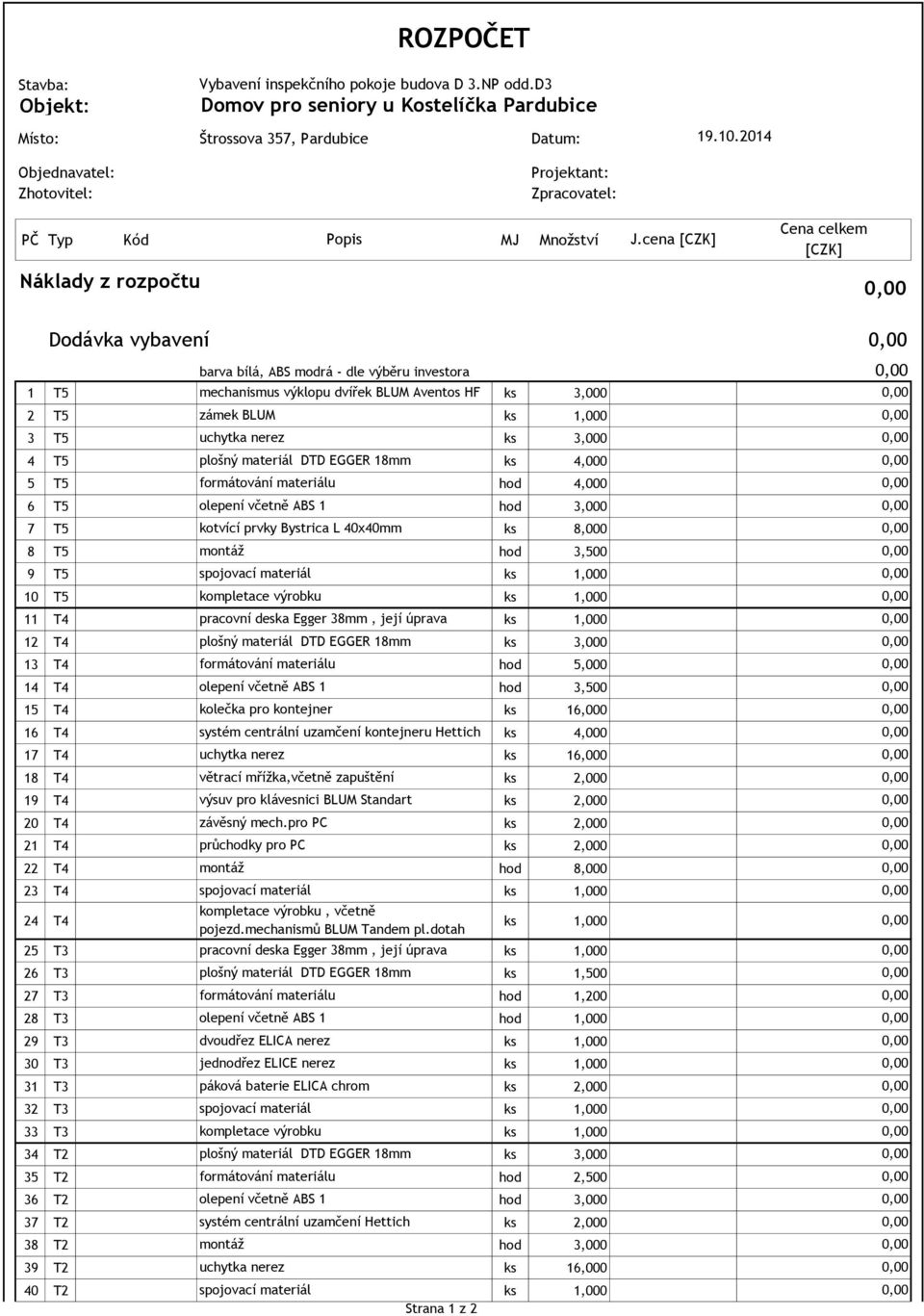 cena [CZK] Cena celkem [CZK] Dodávka vybavení barva bílá, ABS modrá - dle výběru investora 1 T5 mechanismus výklopu dvířek BLUM Aventos HF ks 3,000 2 T5 zámek BLUM ks 1,000 3 T5 uchytka nerez ks