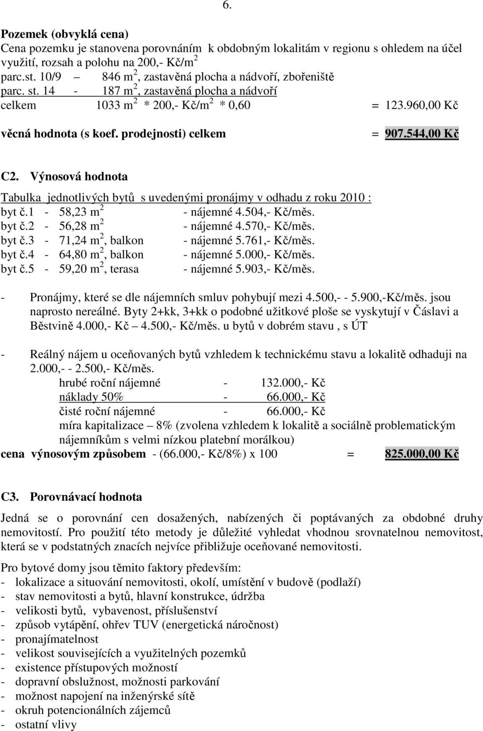 Výnosová hodnota Tabulka jednotlivých bytů s uvedenými pronájmy v odhadu z roku 2010 : byt č.1-58,23 m 2 - nájemné 4.504,- Kč/měs. byt č.2-56,28 m 2 - nájemné 4.570,- Kč/měs. byt č.3-71,24 m 2, balkon - nájemné 5.