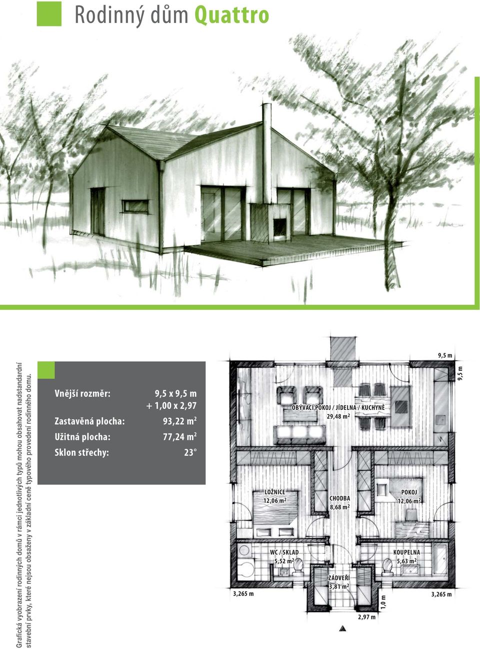 Vnější rozměr: 9,5 x 9,5 m + 1,00 x 2,97 Zastavěná plocha: 93,22 m 2 Užitná plocha: 77,24 m 2 Sklon střechy: 23 LOŽNICE