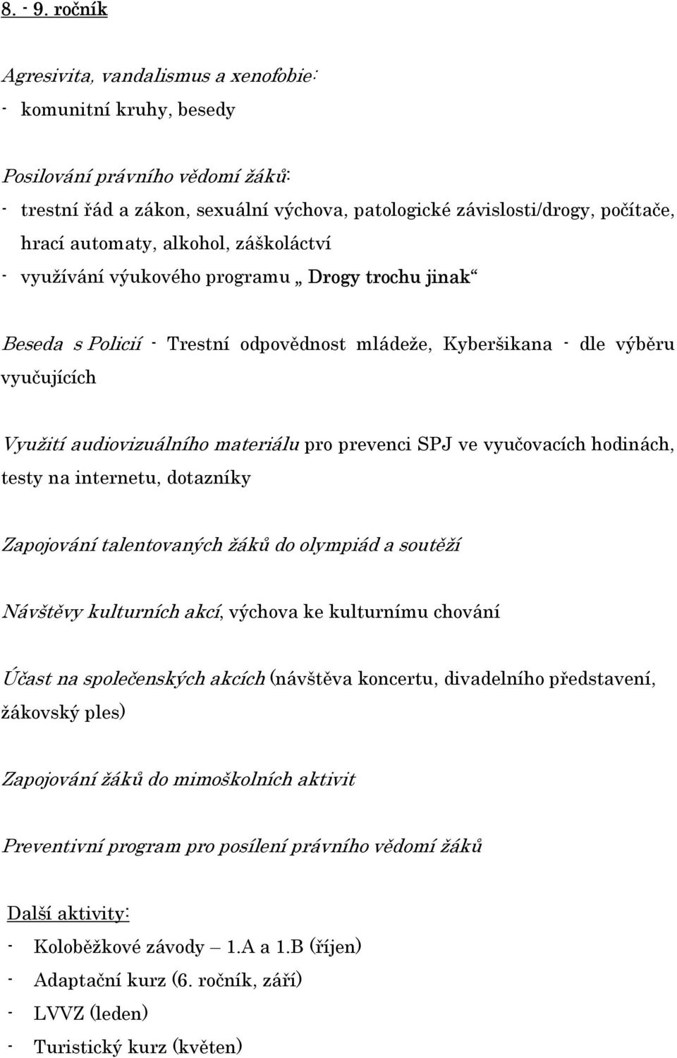 alkohol, záškoláctví - využívání výukového programu Drogy trochu jinak Beseda s Policií - Trestní odpovědnost mládeže, Kyberšikana - dle výběru vyučujících Využití audiovizuálního materiálu pro