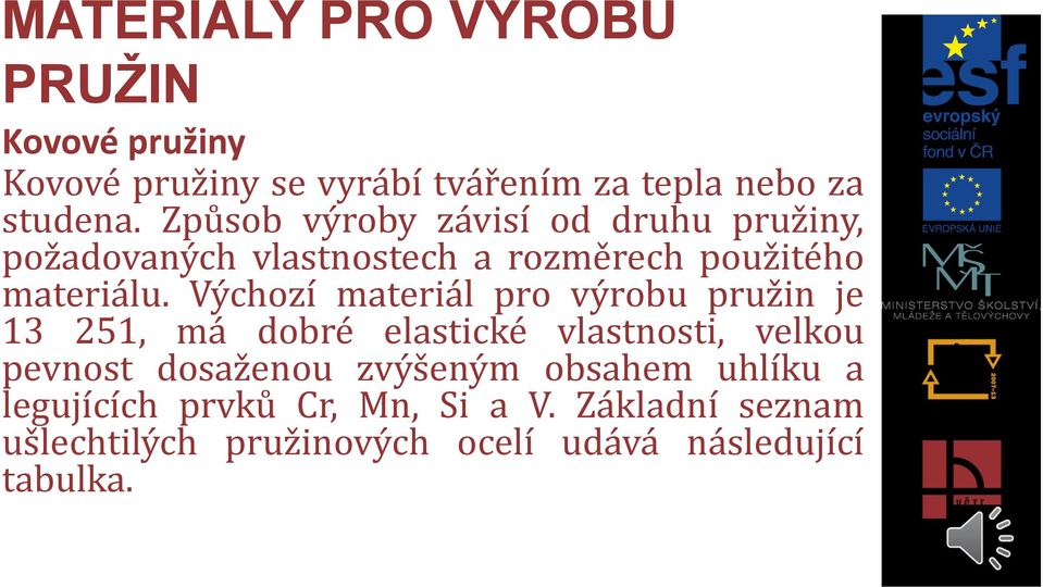 Výchozí materiál pro výrobu pružin je 13 251, má dobré elastické vlastnosti, velkou pevnost dosaženou