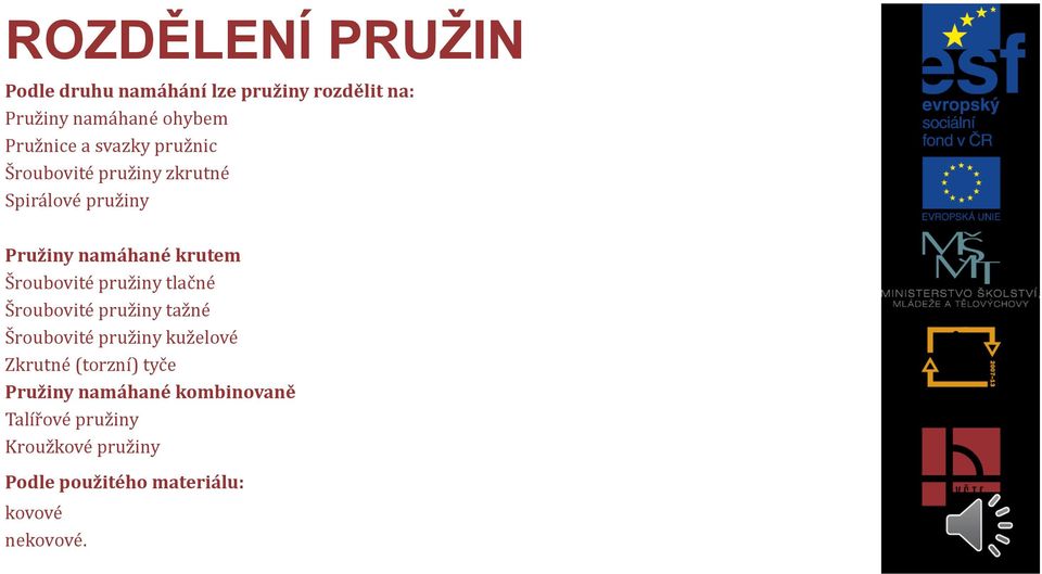 pružiny tlačné Šroubovité pružiny tažné Šroubovité pružiny kuželové Zkrutné (torzní) tyče Pružiny