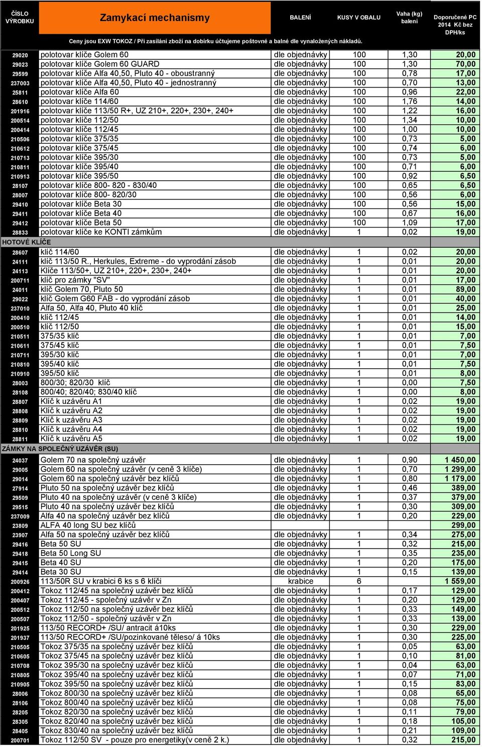 100 0,96 22,00 28610 polotovar klíče 114/60 dle objednávky 100 1,76 14,00 201916 polotovar klíče 113/50 R+, UZ 210+, 220+, 230+, 240+ dle objednávky 100 1,22 16,00 200514 polotovar klíče 112/50 dle