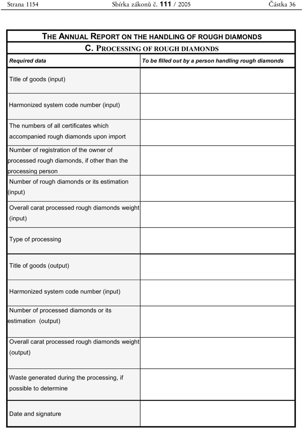 accompanied rough diamonds upon import Number of registration of the owner of processed rough diamonds, if other than the processing person Number of rough diamonds or its estimation (input) Overall