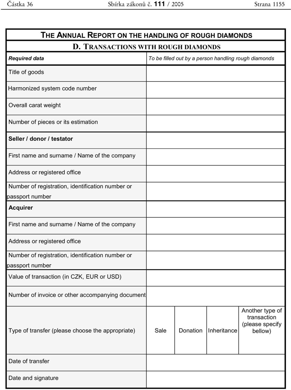 estimation Seller / donor / testator First name and surname / Name of the company Address or registered office Number of registration, identification number or passport number Acquirer First name and