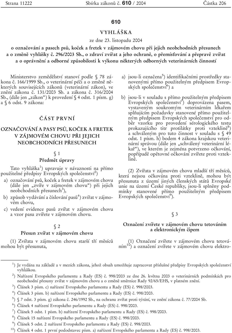 zemeïdeïlstvõâ stanovõâ podle 78 zaâkonacï. 166/1999 Sb., o veterinaârnõâ peâcïi ao zmeïneï neïkteryâch souvisejõâcõâch zaâkonuê (veterinaârnõâ zaâkon), ve zneïnõâ zaâkonacï. 131/2003 Sb. azaâkonacï.