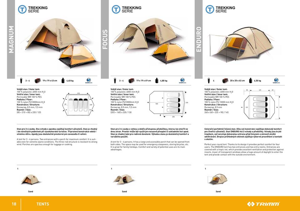 2 o Vnitřní stan / inner tent: Permeable Wr 00 % PeS podlaha / floor: 00 % nylon PU0000mm H 2 o konstrukce / structure: Durawrap, 8,5 mm, 9,5 mm rozměr / size: (205 + 60) x 220 / 30 60 220 Vnější
