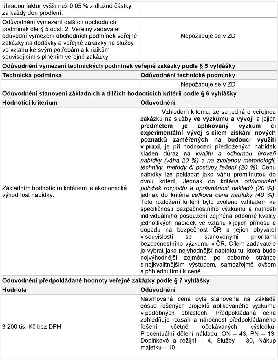 vymezení technických podmínek veřejné zakázky podle 5 vyhlášky Technická podmínka Odůvodnění technické podmínky Odůvodnění stanovení základních a dílčích hodnotících kritérií podle 6 vyhlášky