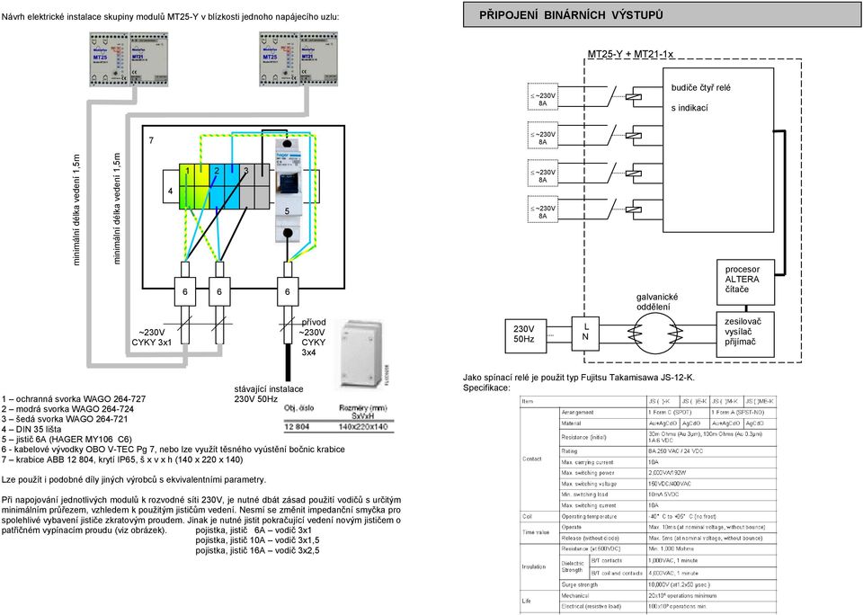 264-727 230V 50Hz 2 modrá svorka WAGO 264-724 3 šedá svorka WAGO 264-721 4 DIN 35 lišta 5 jistič 6A (HAGER MY106 C6) 6 - kabelové vývodky OBO V-TEC Pg 7, nebo lze využít těsného vyústění bočnic